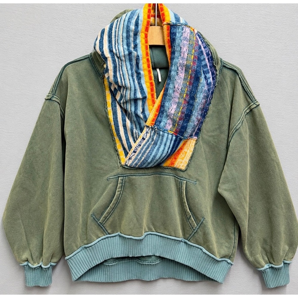 New Free People February Sweatshirt L Teal Wool Cashmere Oversized Boho Hoodie